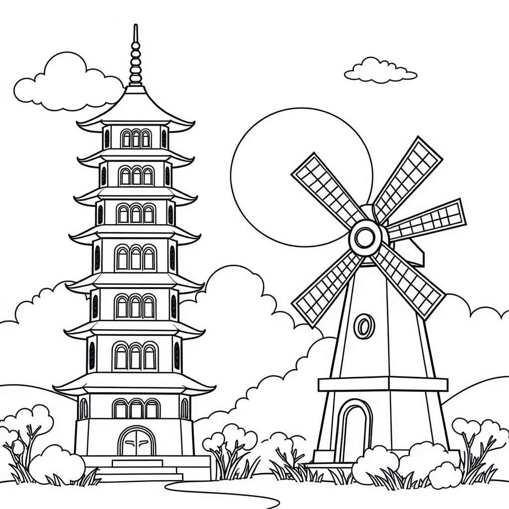 Pagoda and Windmill Fun colored preview